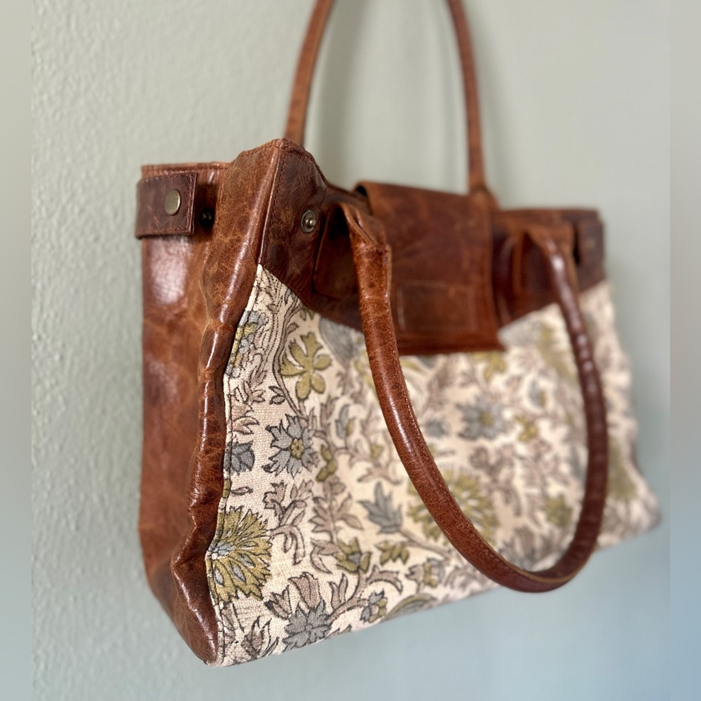 JOYN Vintage Distressed Leather & Floral Canvas Tote